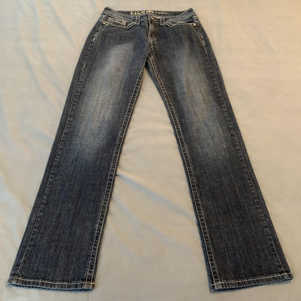 Ethyl Jeans Classic Straight Jeans Womens 8 Blue Medium Wash Stretch Embroidered